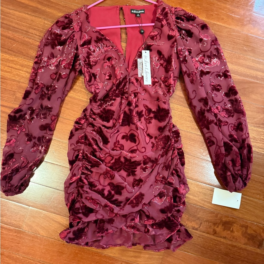 For Love And Lemons Burgundy Floral Velvet Dress